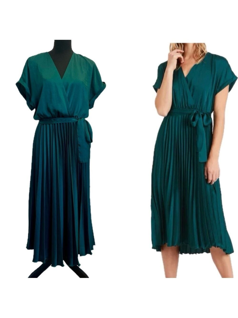 Banana Republic pleated short sleeve V-neck wrap midi dress Glen Green Sz S
